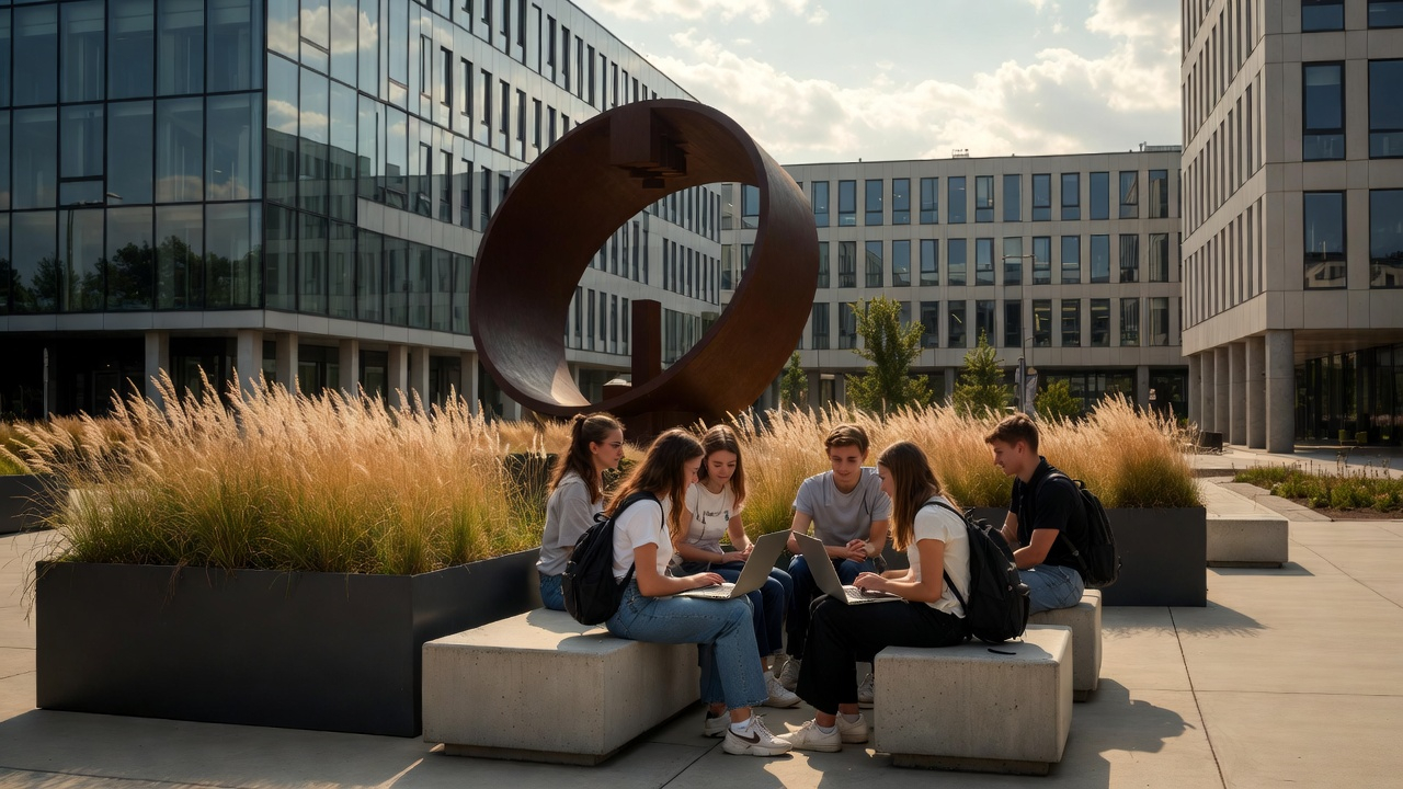 Students at Möbius strip sculpture